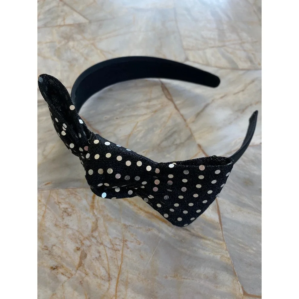 Black Silver Polka Dot Bow Headband Retro Sparkle Hair Accessory